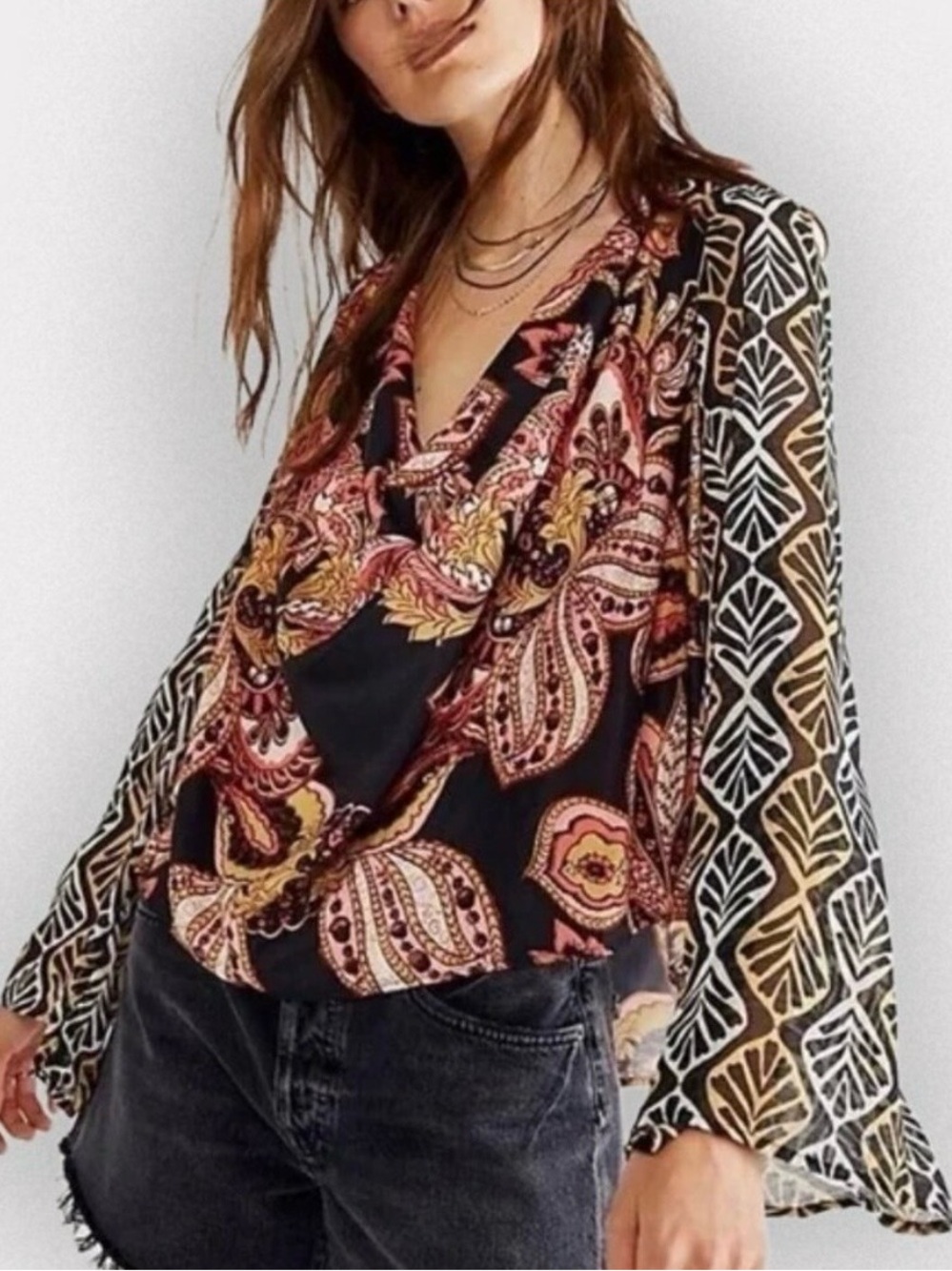 Free People Boho Paisley Cowl Neck Bell Sleeve Blouse Size XS